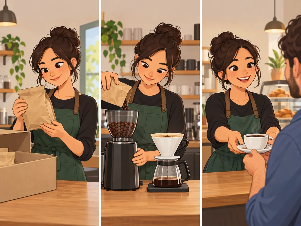 Cafe worker prepares coffee and serves a customer