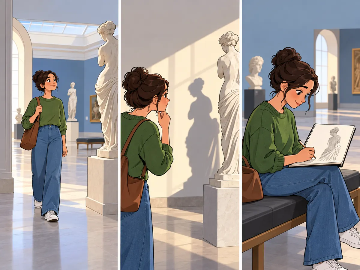 Museum visitor observes and sketches a sculpture