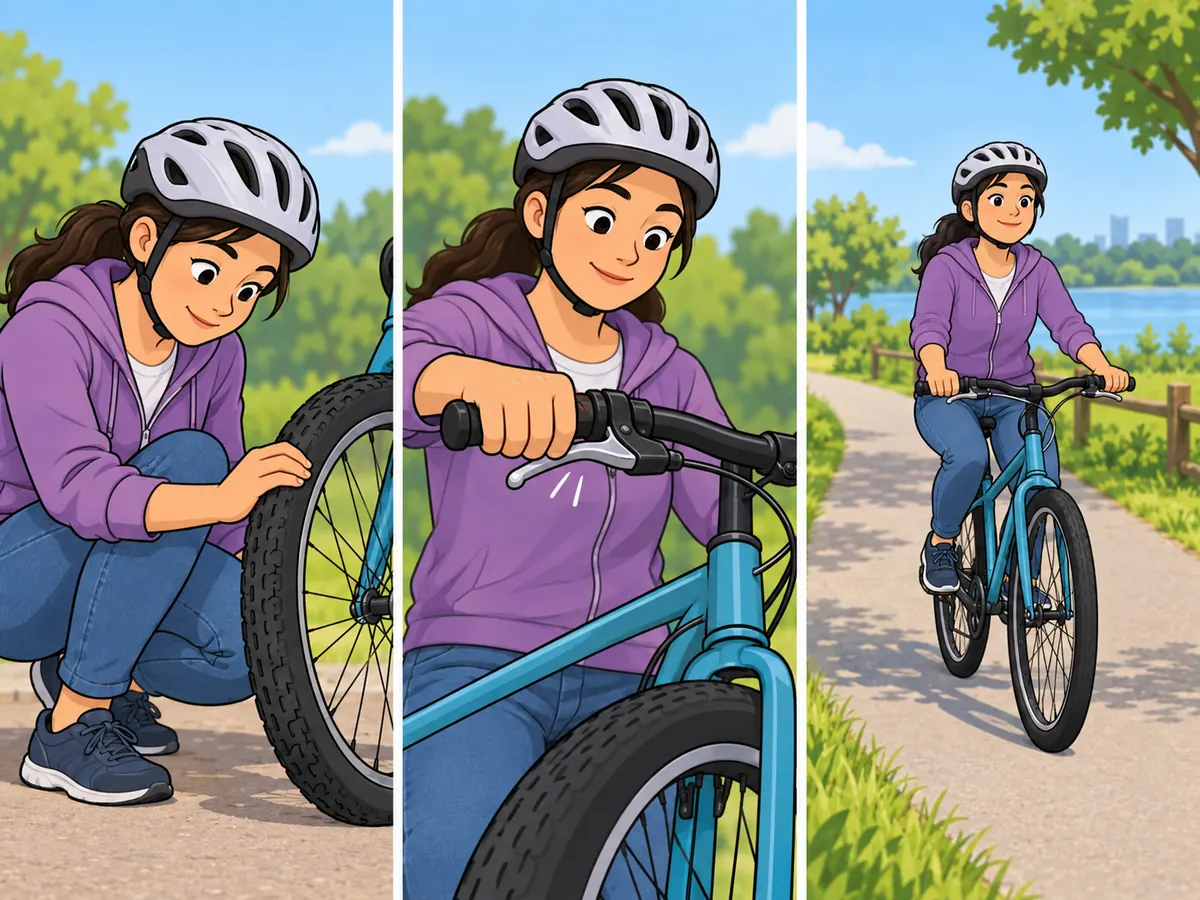 Cyclist checks a tyre and brake before a slow ride