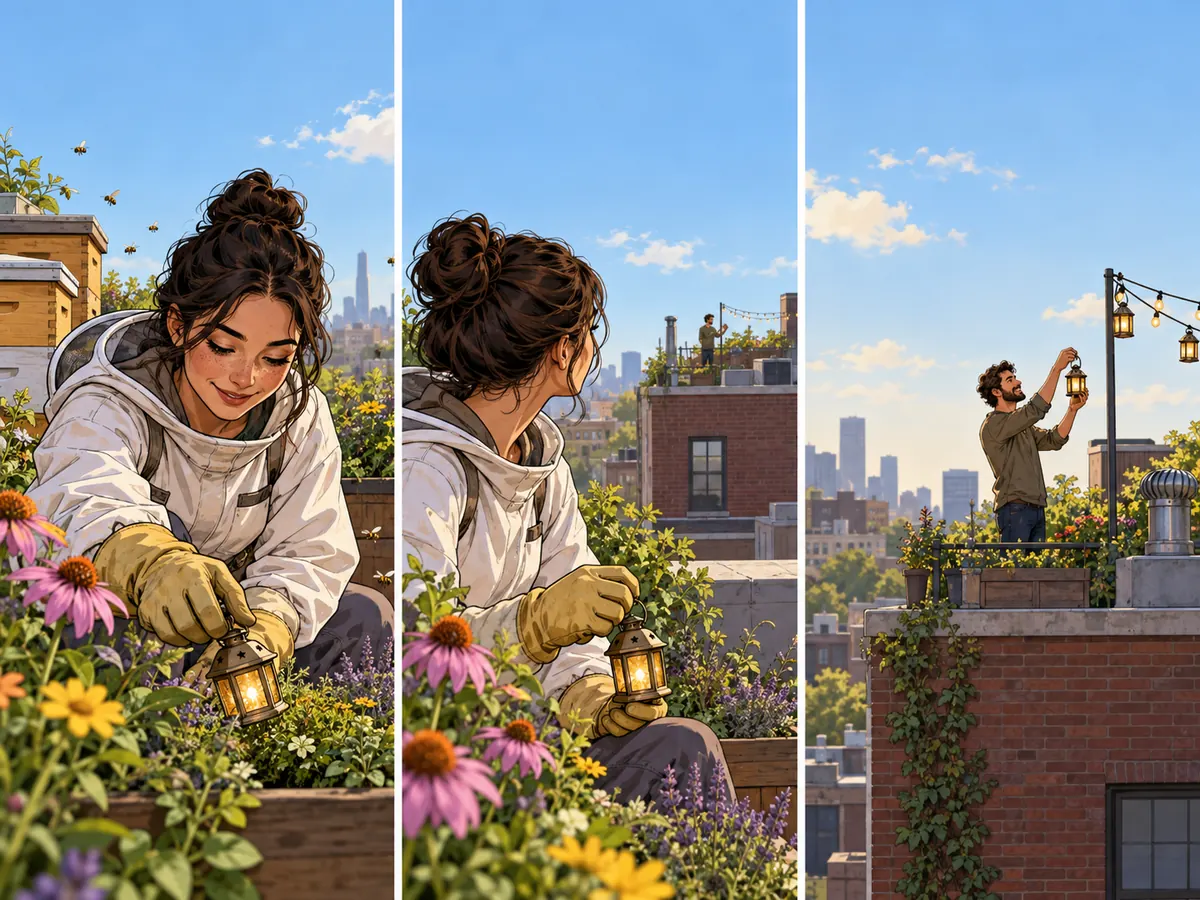 A rooftop beekeeper finds a miniature lantern among flowers, looks toward an adjacent roof, and sees a neighbor lifting a second lantern.