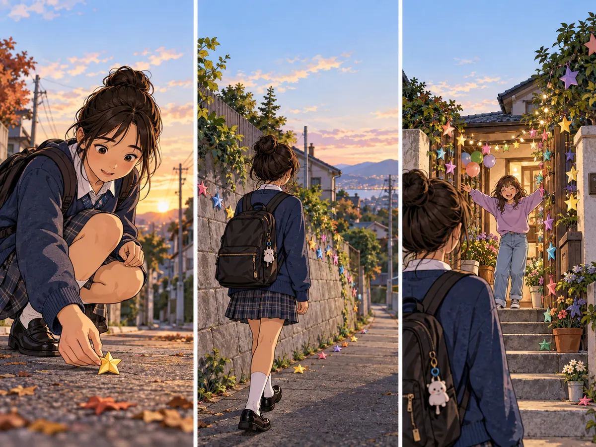 A student walking home finds a folded paper star, notices a trail of stars along a wall, and reaches a friend's handmade birthday display.