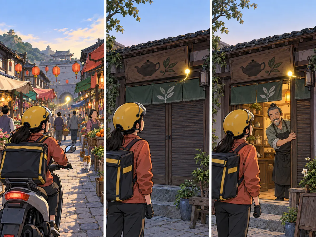 A delivery rider follows a tiny hovering light through a market, arrives at a closed tea shop, and sees the shopkeeper opening the door.