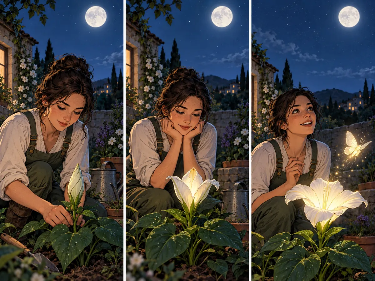 A gardener tends a moonlit flower, sees its petals begin to open, and watches a small luminous moth emerge.