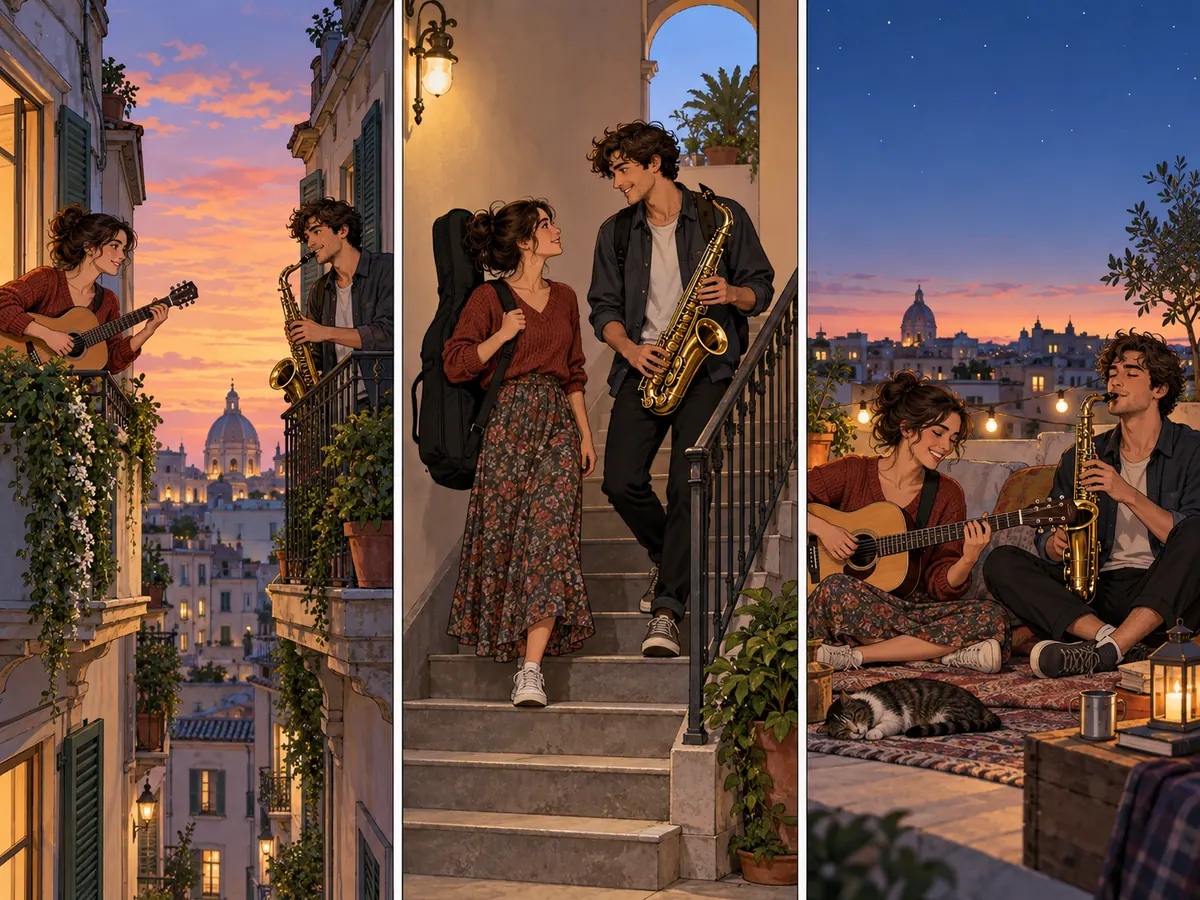 Two young adult musicians exchange a melody across neighboring balconies, meet at the shared staircase, and play together on the roof.