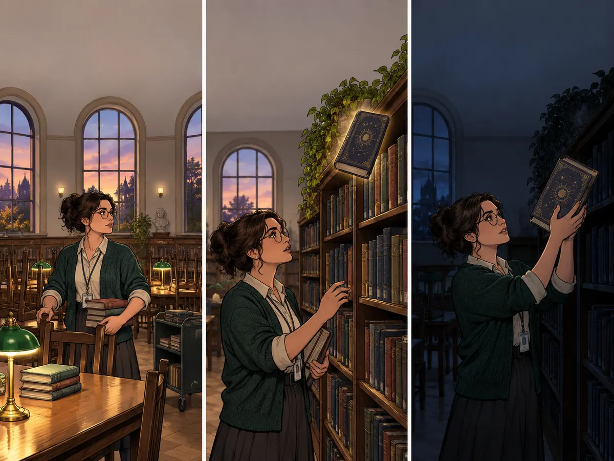 A librarian closes a reading room, notices one book hovering above its shelf, and carefully catches it as the lights go out.