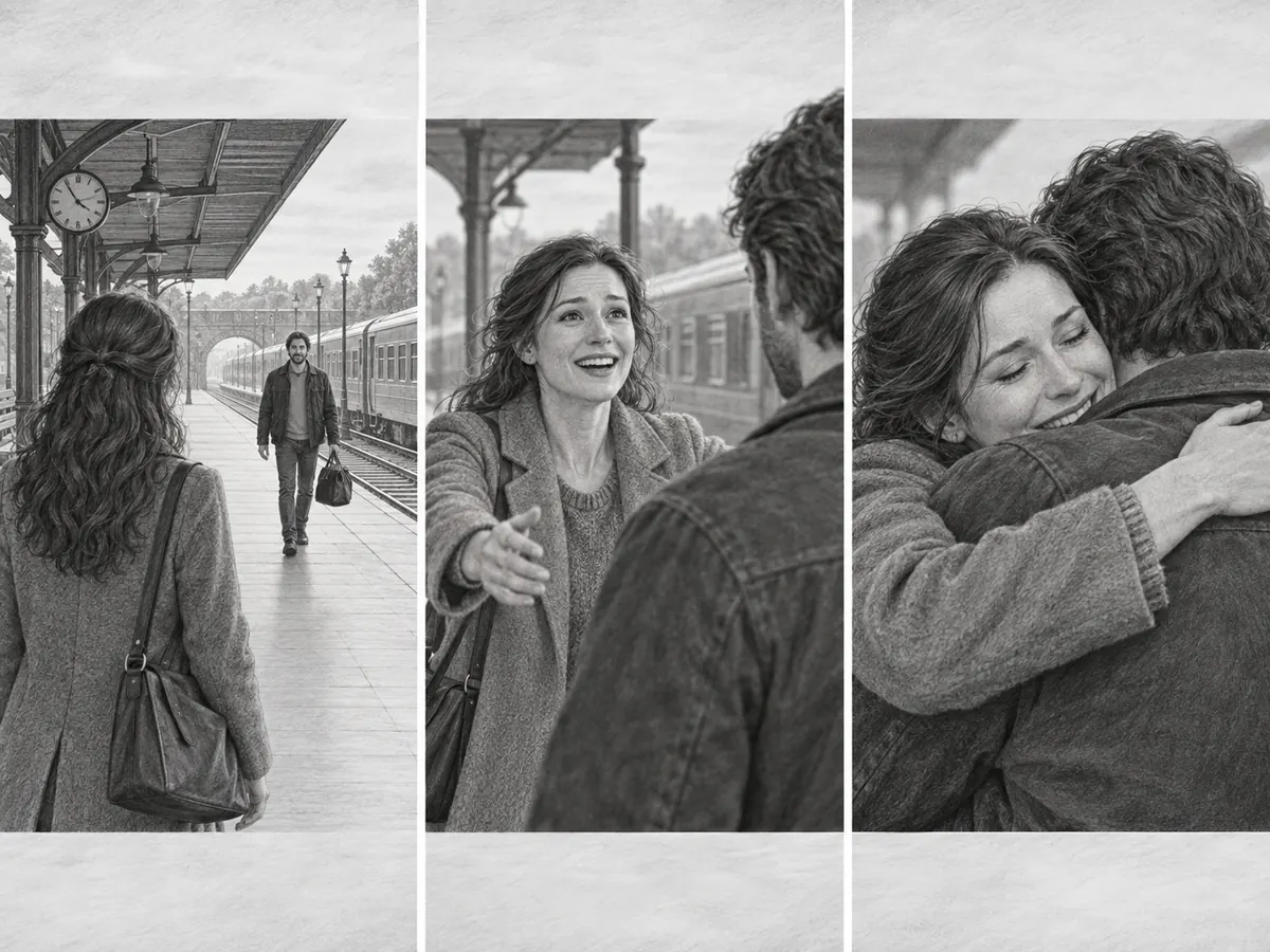 Pencil sequence of siblings meeting on a railway platform