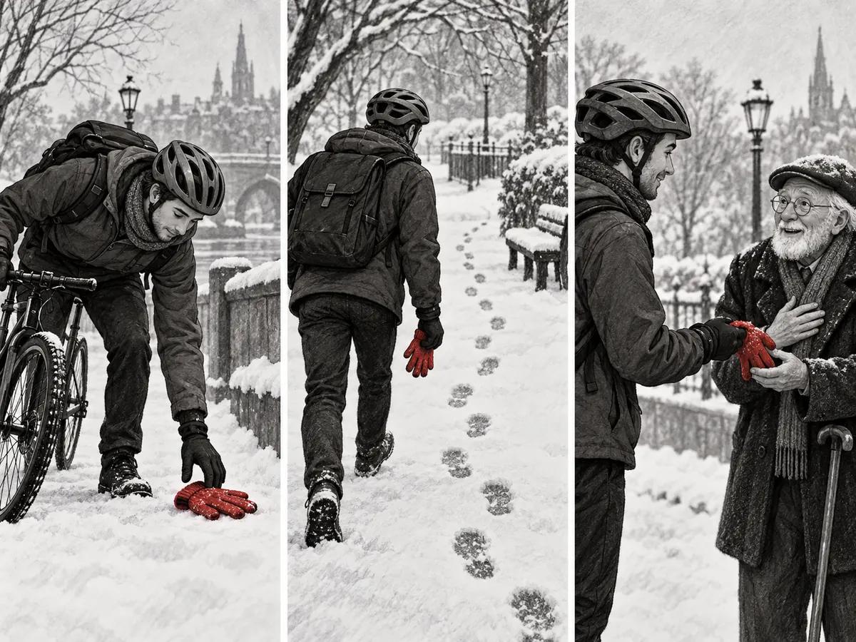 A cyclist finds and returns a lost glove in the snow