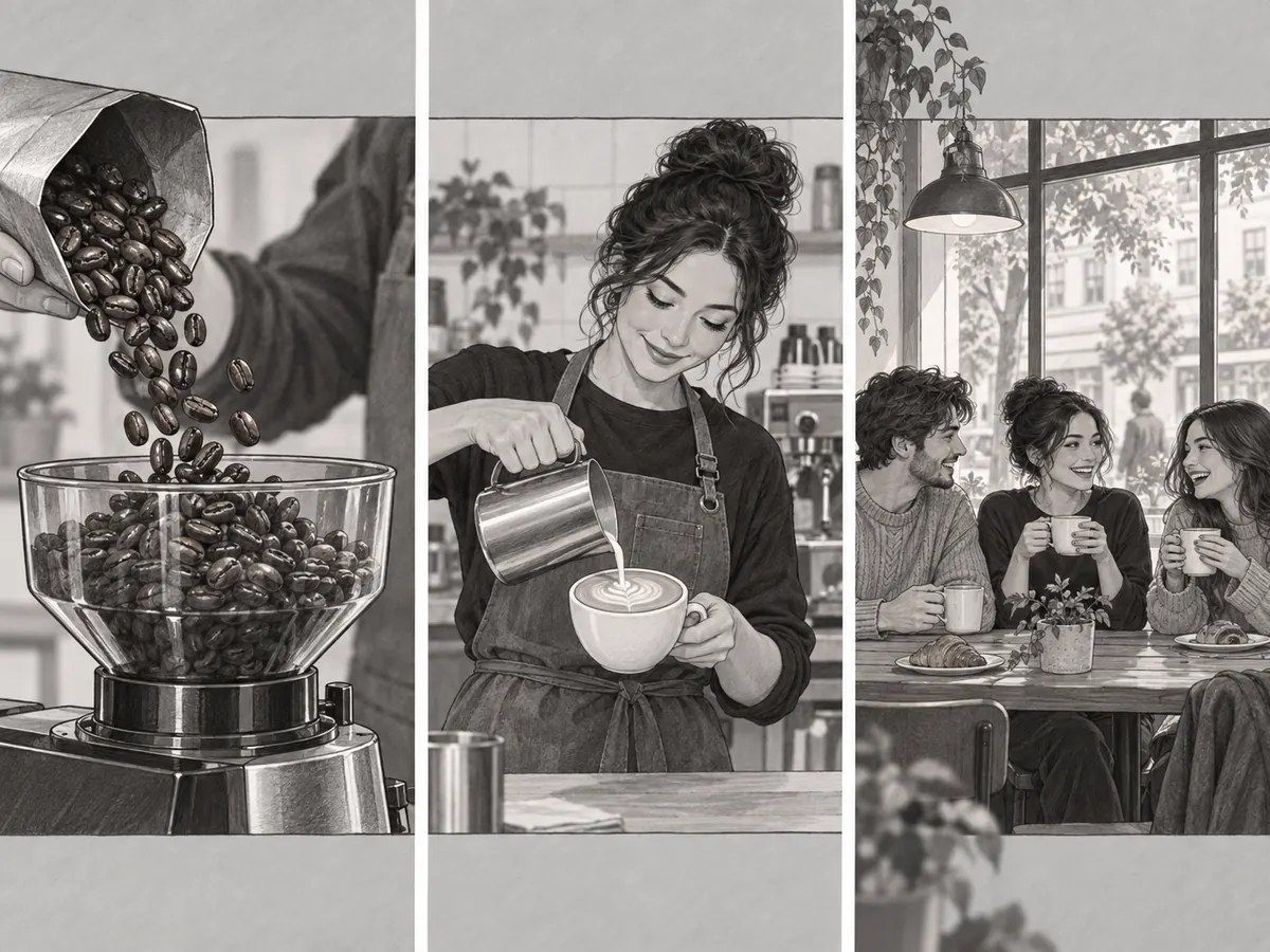 Coffee preparation leads to friends enjoying a cafe