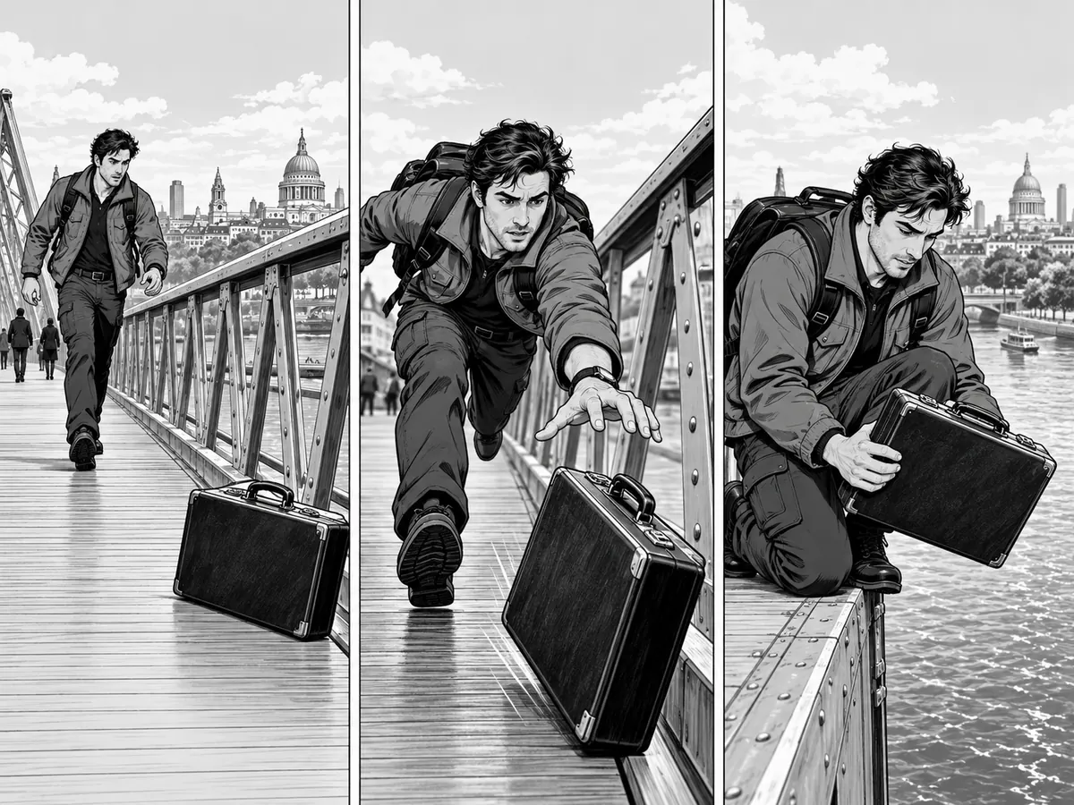 A courier retrieves a sliding briefcase on a bridge