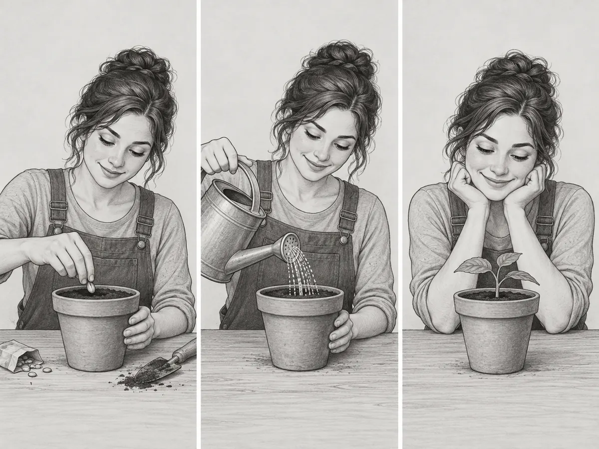 Gardener demonstrates planting and watering a seed
