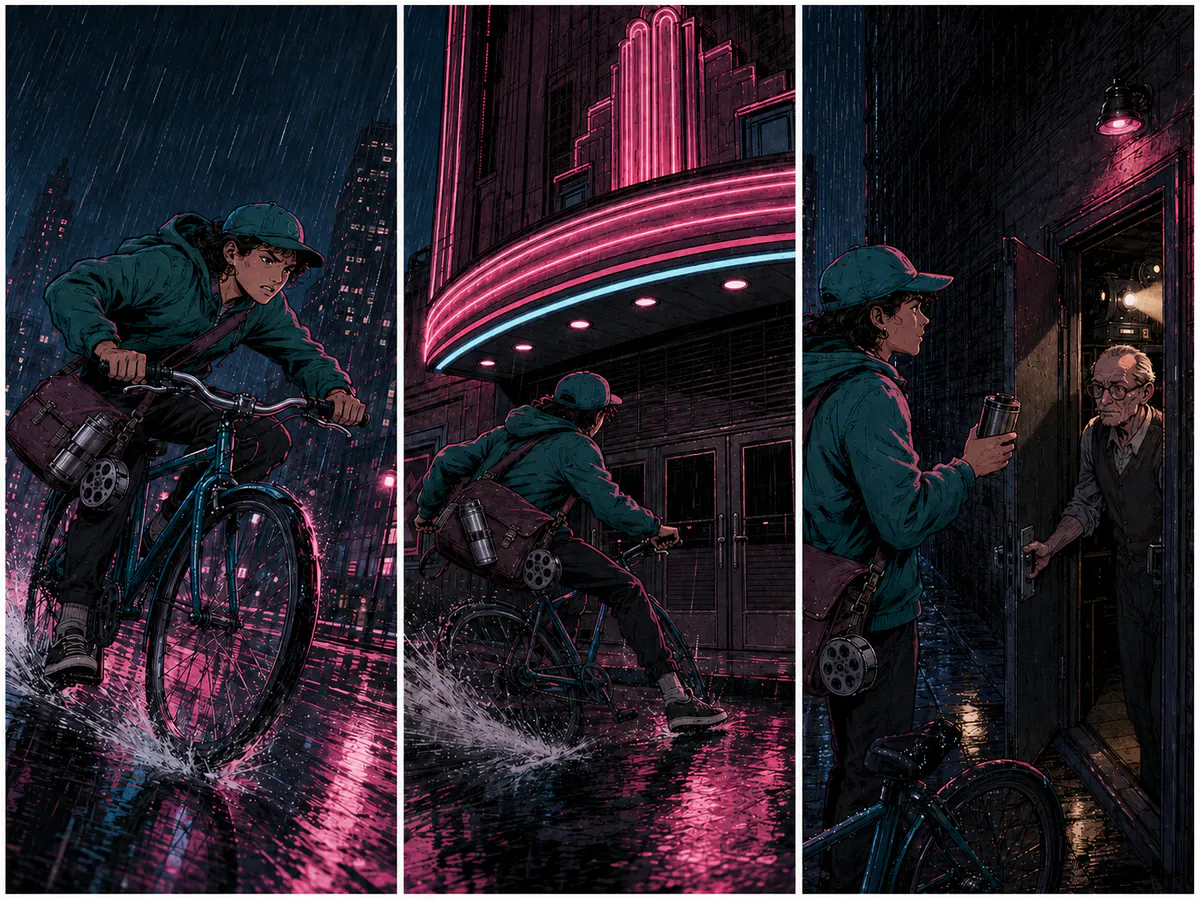 Three-panel screenplay comic of a bicycle courier racing to deliver a film reel to a cinema