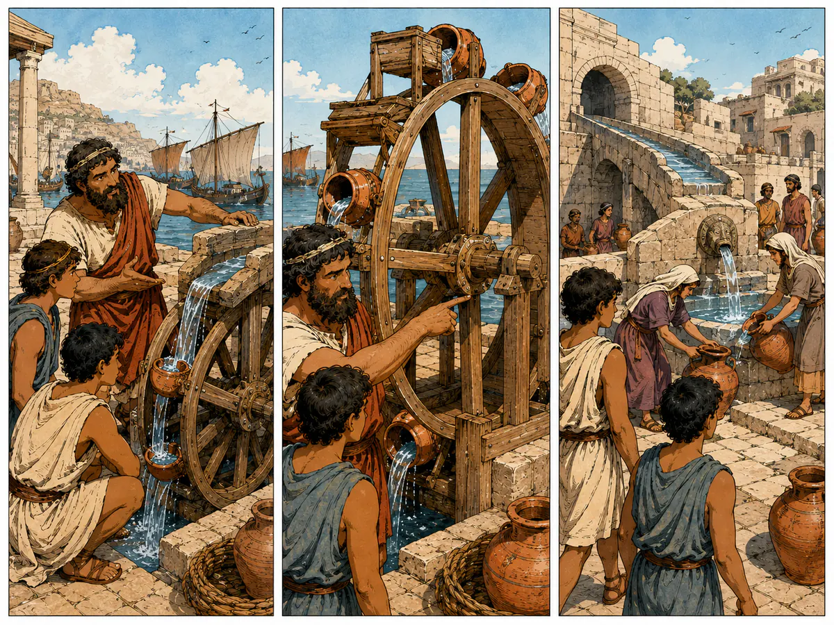 Three-panel lesson comic showing an ancient waterwheel lifting water from a harbour to a town cistern