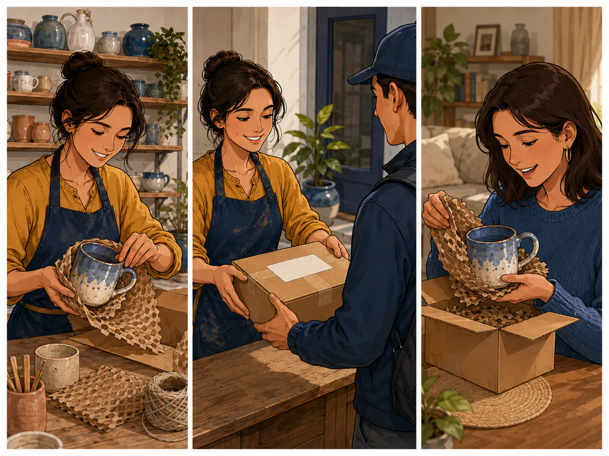 Three-panel process comic showing a handmade mug wrapped, shipped and opened safely