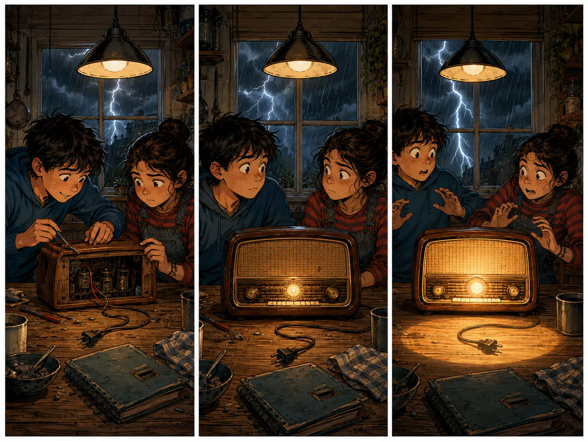 Three-panel dialogue comic of two siblings hearing an unplugged radio switch on during a storm