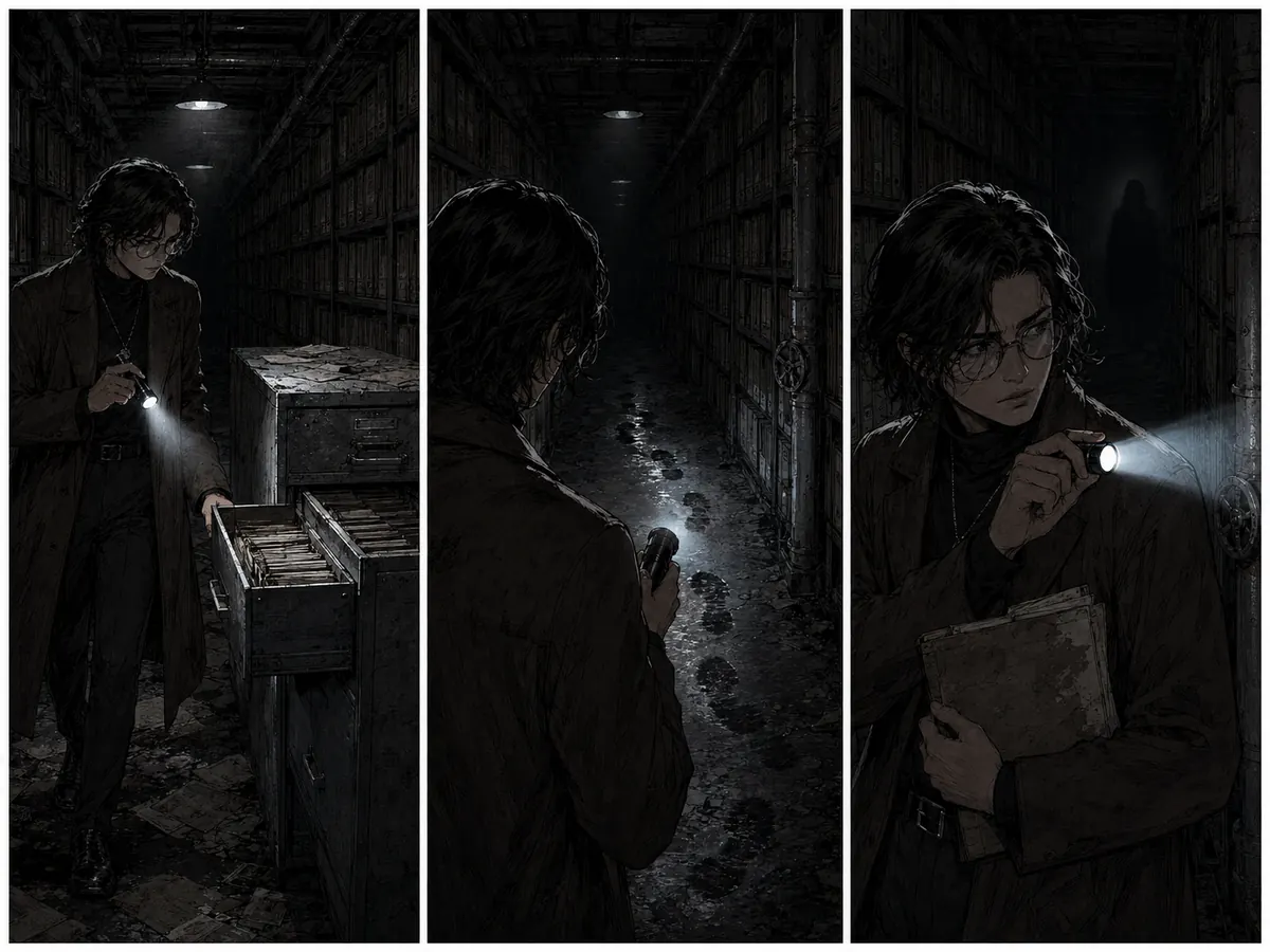 Three-panel suspense comic of an archivist finding an open drawer, wet footprints and a shadow
