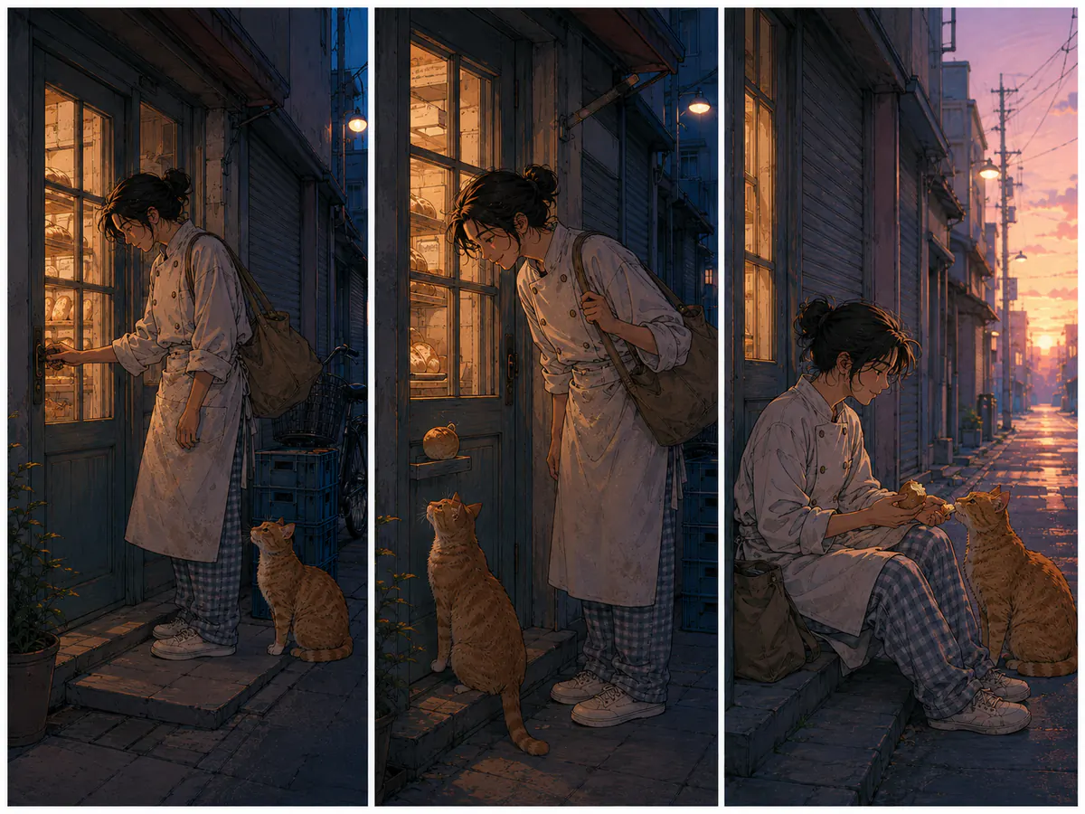 Three-panel comic of a tired baker sharing the last bun with an orange cat at dawn