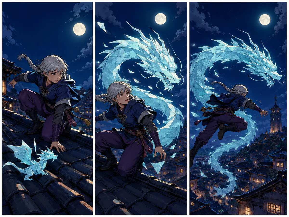 Three-panel comic of a rooftop runner meeting a small paper dragon that unfolds and joins the chase