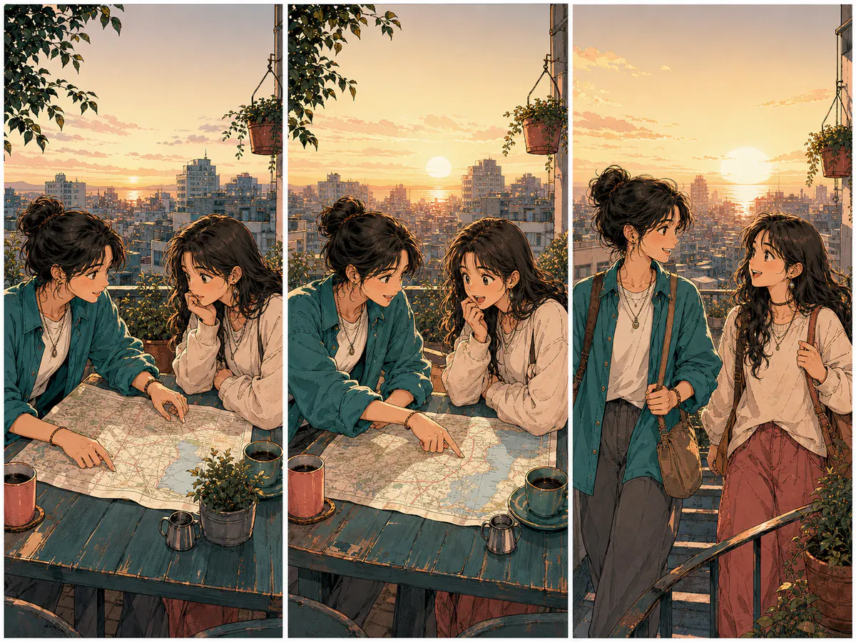 Three-panel comic of two friends choosing a last stop on a rooftop map before leaving together
