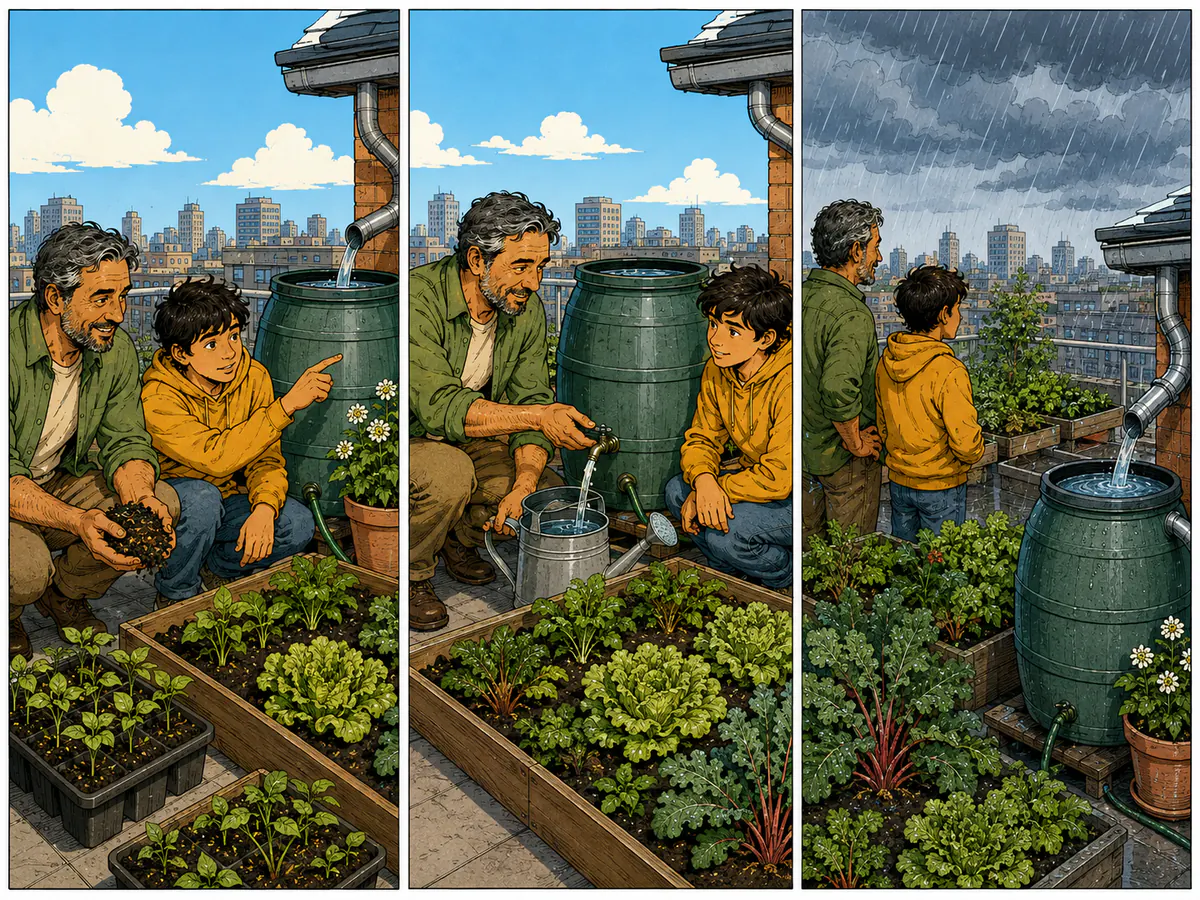 Three-panel educational comic explaining how a rooftop garden collects and uses rainwater